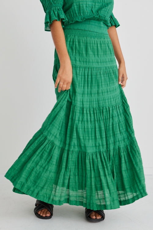 Charming Palm Green Shirred Cotton Tiered Maxi Skirt WW Skirt Ivy + Jack   