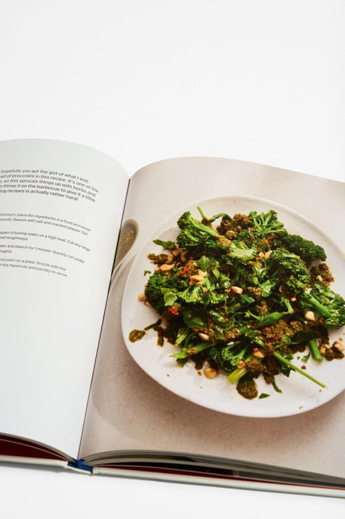 Pages with image of a salad and text from cookbook titled 