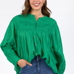 Montanna Pine Green Shirred Button Through LS Blouse