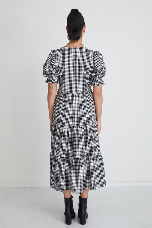 True Love Black Gingham Cotton V Neck SS Puff Sleeve Tiered Maxi Dress WW Dress Among the Brave   