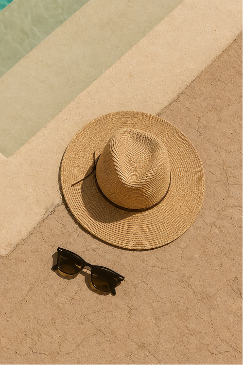 A straw sun hat and black sunglasses resting on a beige stone poolside surface next to turquoise water.