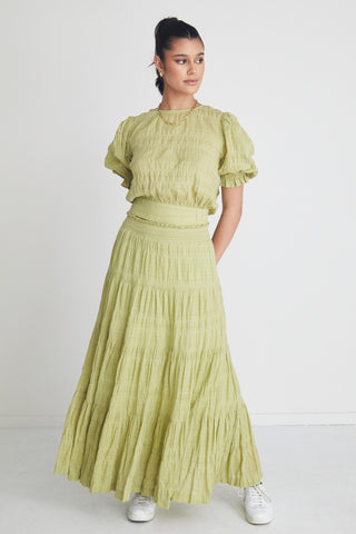 Charming Pistachio Shirred Cotton Tiered Maxi Skirt