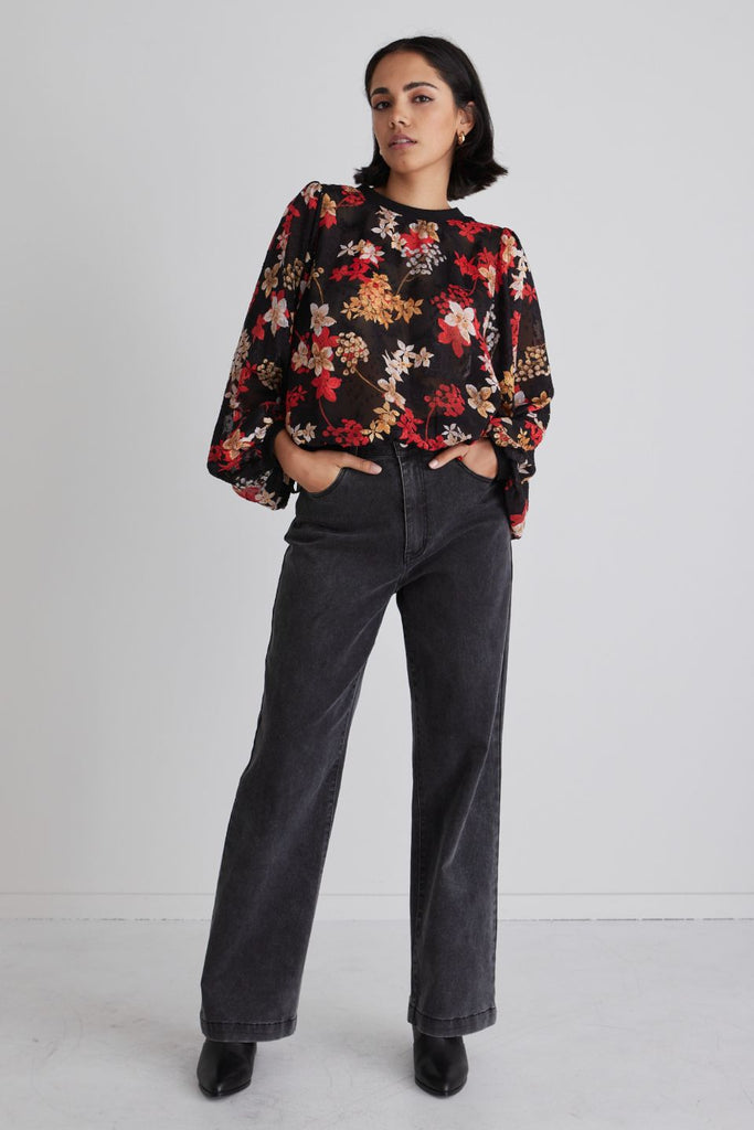 Shop Chance Black Red Floral Georgette Ls Rib Hem Top Online | Flo &am