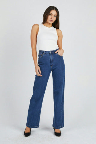 model wears Wide Leg Blue Denim Jean 