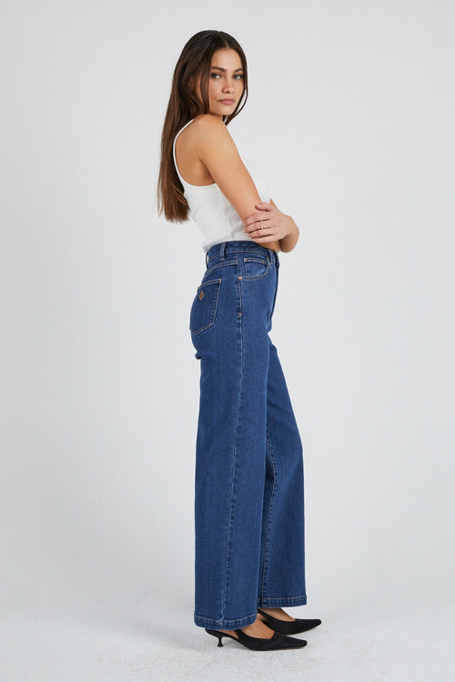 model wears Wide Leg Blue Denim Jean 