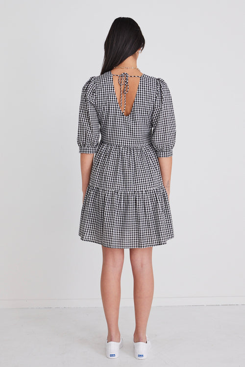 Anytime Black Gingham Tie Back Ss Puff Sleeve Tiered Mini Dress WW Dress Among the Brave   