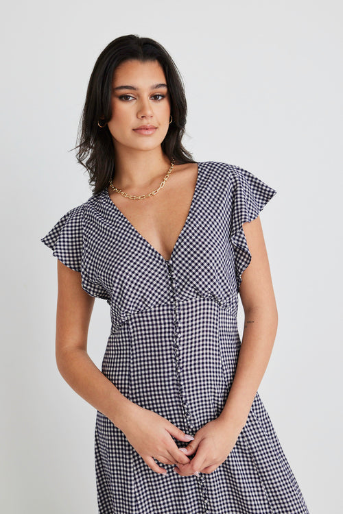 Flawless Navy Gingham Fluted Sleeve Button Front Midi Dress WW Dress Among the Brave   