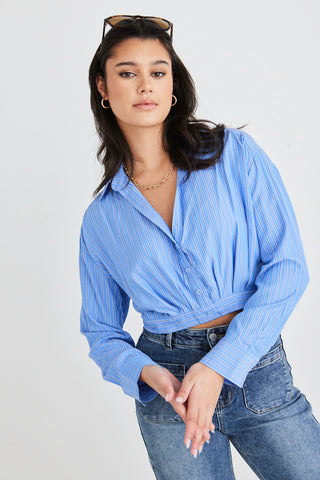 Gifted Blue Stripe Button Pleat Ls Crop Shirt WW Top Georgia Mae   