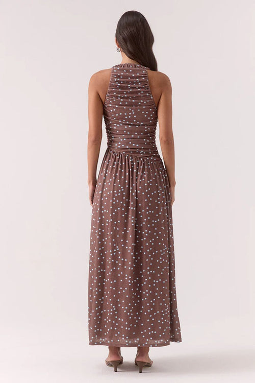Woman wearing a brown and blue polka dot ruched maxi dress