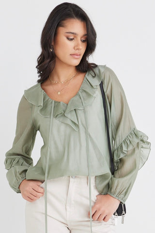 Daily Sage Tencel Sheer Frill Front Ls Top