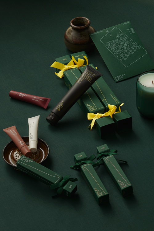 Image of body, hand and lip care in christmas packagaing