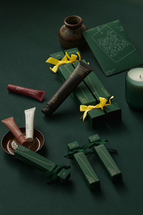 Body, hand and lip care on christmas packaging