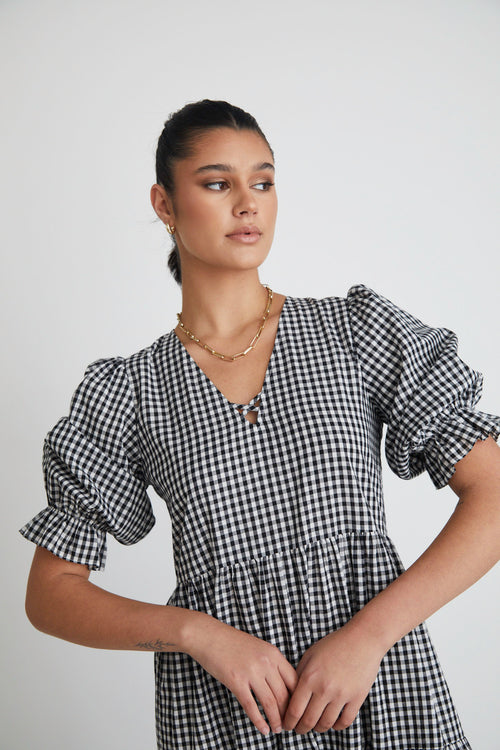 True Love Black Gingham Cotton V Neck SS Puff Sleeve Tiered Maxi Dress WW Dress Among the Brave   