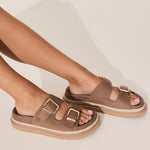brown womens sandal with gold detail
