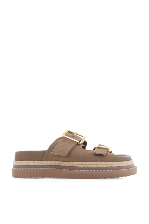 brown womens sandal with gold detail