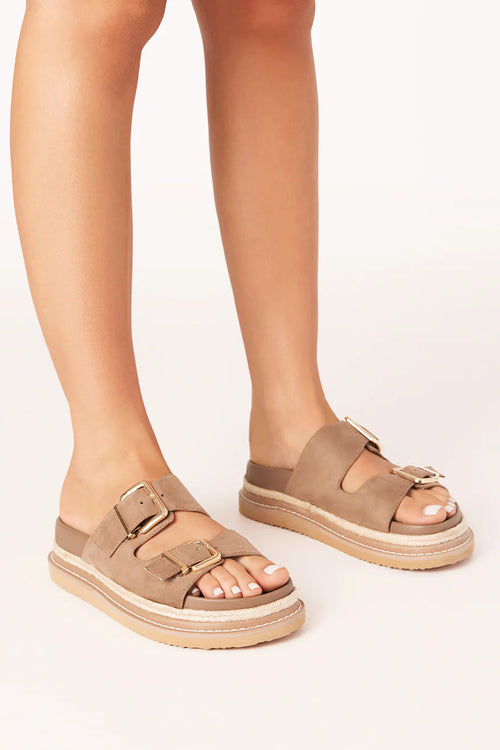 brown womens sandal with gold detail