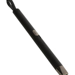 Black cylindrical object on a white background