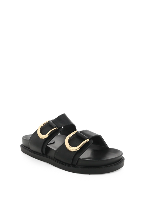 black sandal with gold detailing