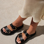 black sandal with gold detailing