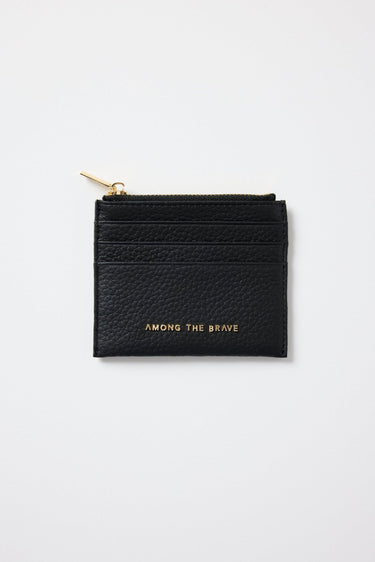 Black cardholder with 'Among the Brave' text on a white background