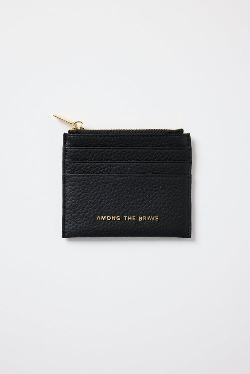 Black cardholder with 'Among the Brave' text on a white background