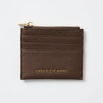 Brown leather cardholder with gold zipper on a white background