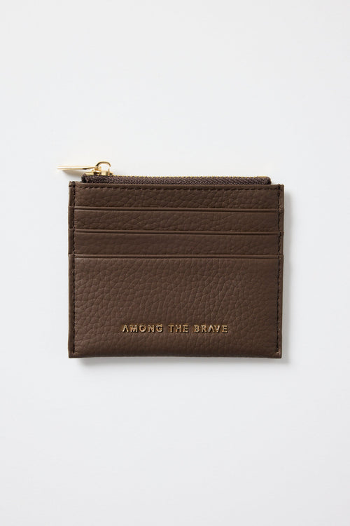 Brown leather cardholder with gold zipper on a white background
