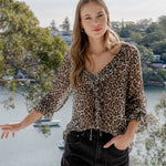 Bohemian Leopard Georgette LS Frill Front Top