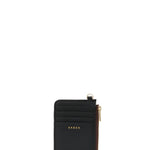 Black wallet with gold zipper on a white background