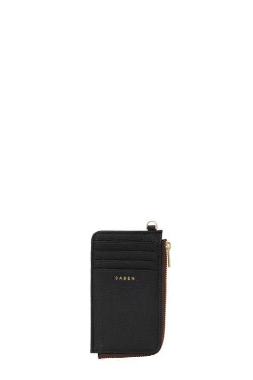 Black wallet with gold zipper on a white background