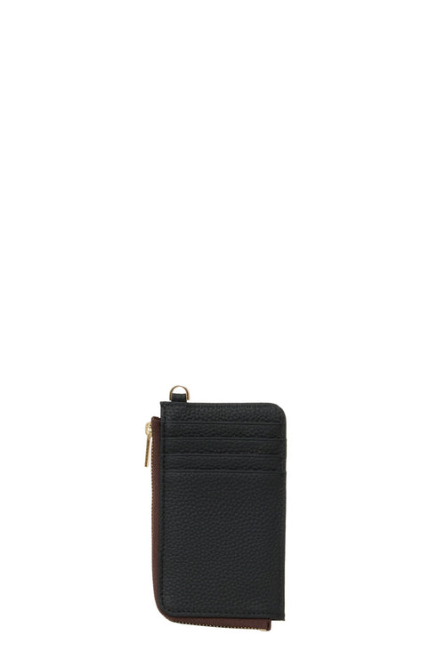 Black cardholder with gold accents on a white background