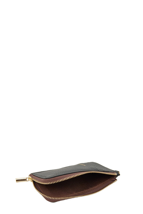 Brown leather pouch with gold zipper on a white background