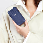 Person holding a blue wallet with a white coat