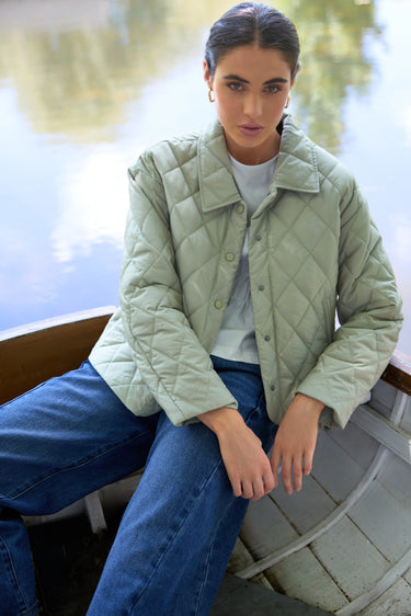 Absolute Soft Khaki Collared Quilted Jacket