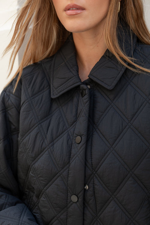 Person wearing a black quilted jacket with a neutral background
