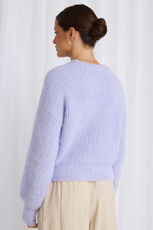 model wears a purple knit