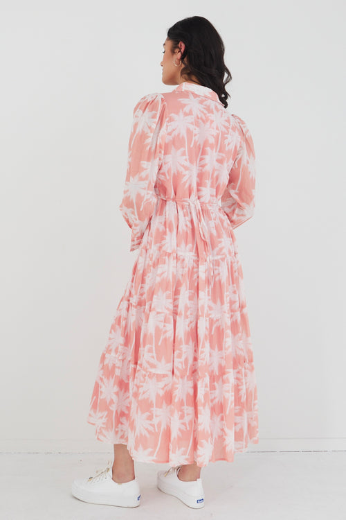 Adair Blush Palms Tiered Shirt Style Maxi Dress WW Dress By Rosa.   