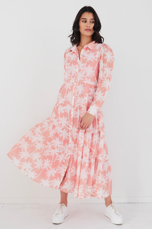 Adair Blush Palms Tiered Shirt Style Maxi Dress WW Dress By Rosa.   