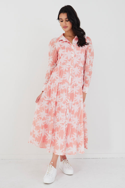 Adair Blush Palms Tiered Shirt Style Maxi Dress WW Dress By Rosa.   