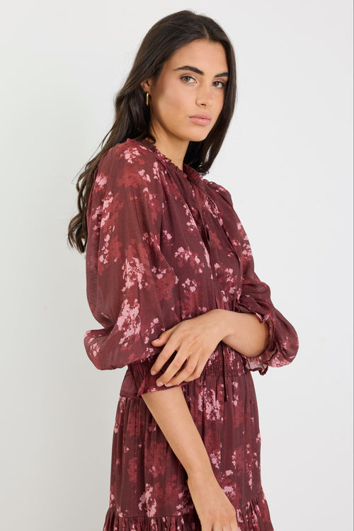 Shop Addition Plum Smudge Floral Long Sleeve Shirred Waist Tiered Maxi Shop Addition Plum Smudge Floral Long Sleeve Shirred Waist Tiered Maxi