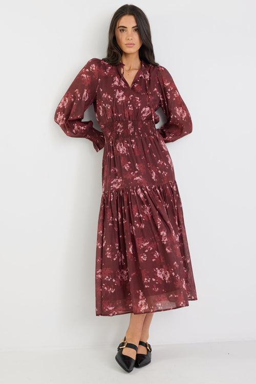 Shop Addition Plum Smudge Floral Long Sleeve Shirred Waist Tiered Maxi Shop Addition Plum Smudge Floral Long Sleeve Shirred Waist Tiered Maxi
