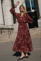 Addition Plum Smudge Floral Long Sleeve Shirred Waist Tiered Maxi Dress