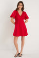 Adelaide Cherry Linen Puff Sleeve Panelled Mini Dress