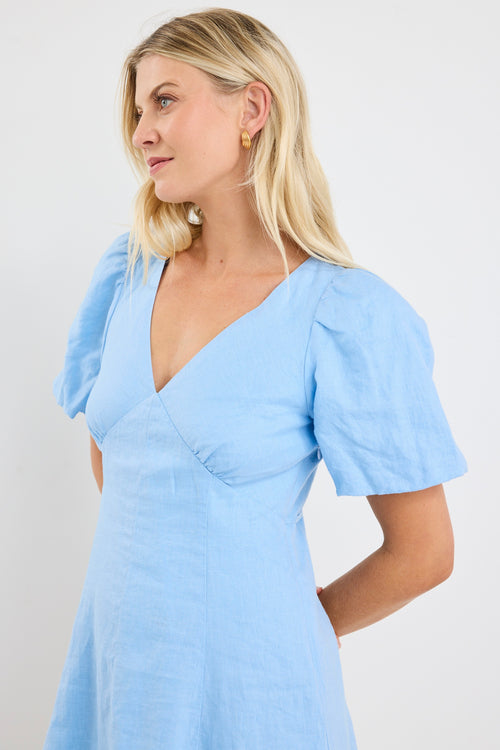 Shop Adelaide Sky Blue Linen Puff Sleeve Panelled Mini Dress | Flo & F Shop Adelaide Sky Blue Linen Puff Sleeve Panelled Mini Dress | Flo & F