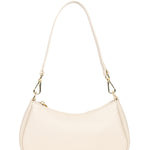 A cream-colored faux leather crescent-shaped shoulder bag with gold hardware and a small gold logo on the front, displayed on a clean white background.