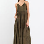 Woman wearing an olive green tiered maxi dress with thin adjustable straps, a V-neckline, and relaxed fit.