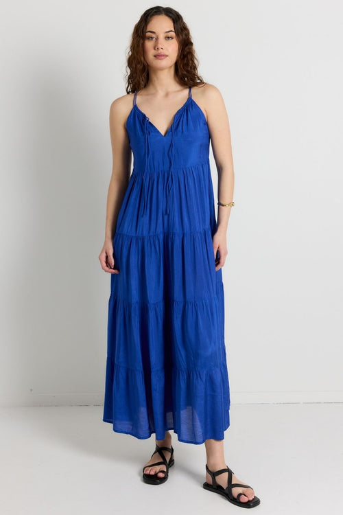 model wears Blue Tiered Maxi Dress