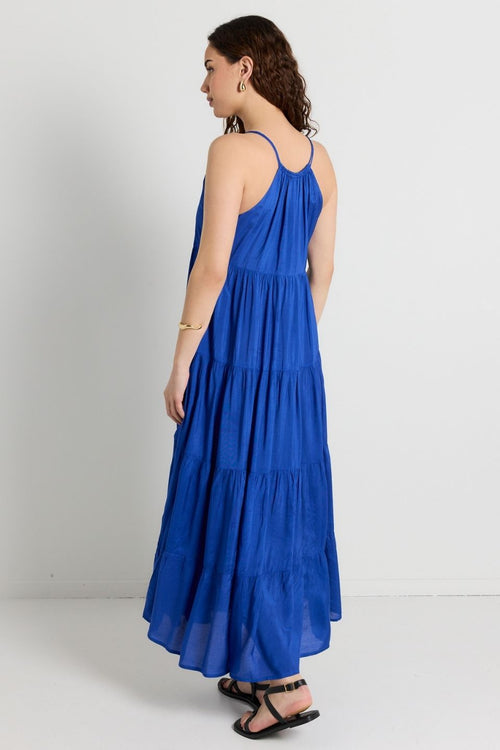 model wears Blue Tiered Maxi Dress