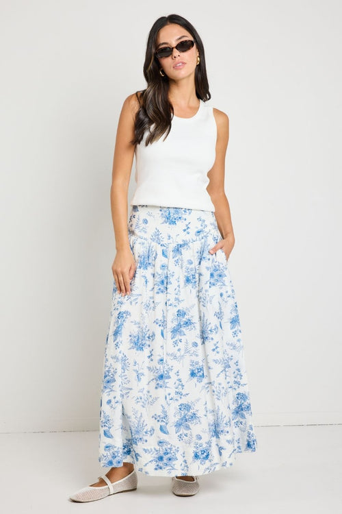 model wears Blue & White Maxi Skirt