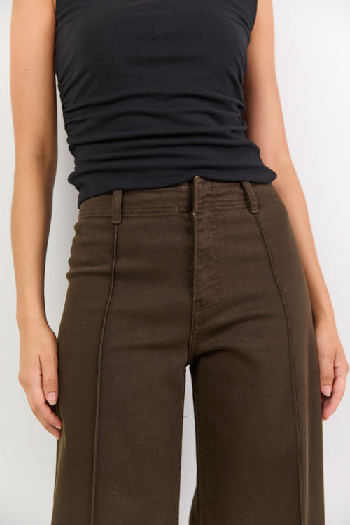 Person wearing brown pants and a black top on a white background